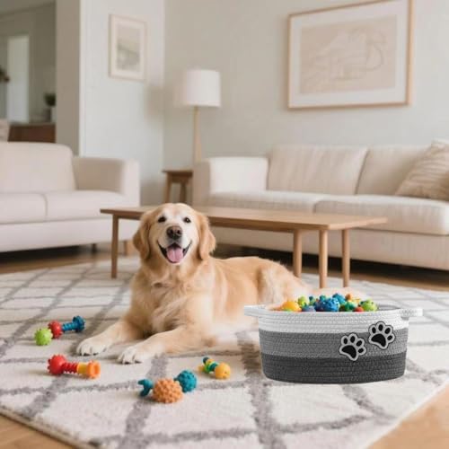 Small Woven Cotton Rope Nursery Organizer Bins, Dog Toy Basket Bins with Handle, Cute Empty Pet Gift Storage Baskets with Paw - color: White-Grey