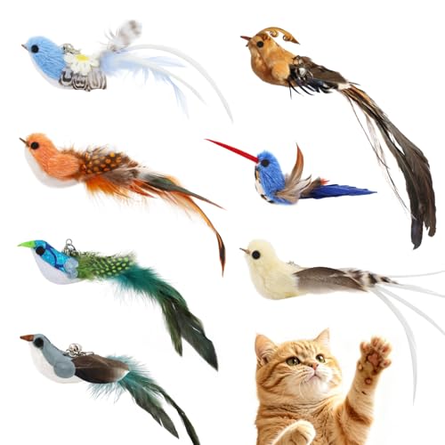 SONGWAY Cat Toy Wand Refills - 7 Pieces Realistic Plush Bird Cat Toys with Natural Feather Tails, Interactive Cat Teaser Refills for Indoor Cats, Kitten Hunting Play & Boredom Reduction - color: Elegant Birds