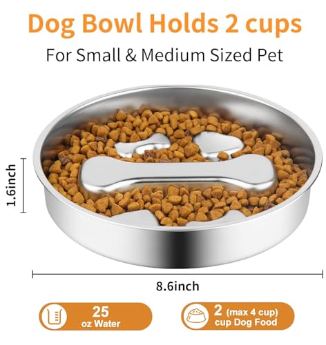Stainless Steel Slow Feeder Dog Bowls,2 Pcs Slow Food Bowl for Dog & Cat - 2 Cups Capacity,Bone-Shaped Design Pet Food Holder,Metal Non-Slip Lick Plate,Puzzle Maze Dish for Small & Medium Sized Breeds