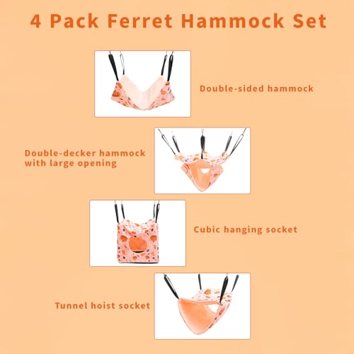 4 Pack Ferret Hammock Set, Hanging Soft Small Animal Hammocks with Hideout,Tunnel and Double Layer,Cage Accessories for Ferret,Rats,Sugar Glider,Squirrel(Orange-Yellow) - color: Orange-Yellow