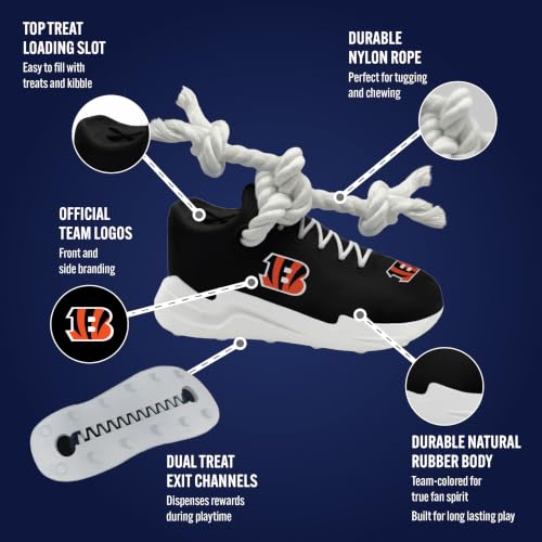 Pets First NFL Cincinnati Bengals Cleat Sneaker Spike Dog Toy, Football Treat Dispenser Chew Toy for Dogs, Interactive Rope Tug Toy, Slow Feeder Natural Rubber Dog Toy with Official Team Logo - color: Cincinnati Bengals