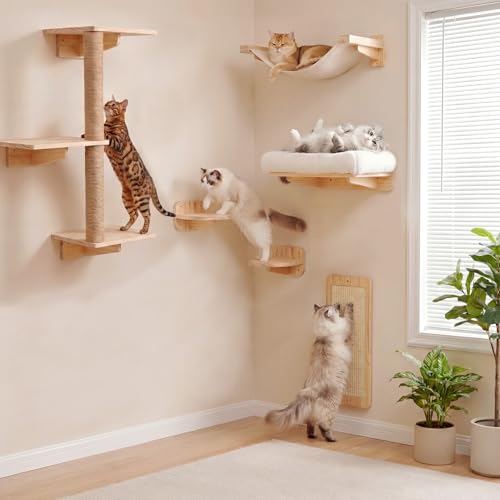 6-in-1 Cat Wall Shelves for Large Cats, Wall Mounted Climber with Hammock - color: White