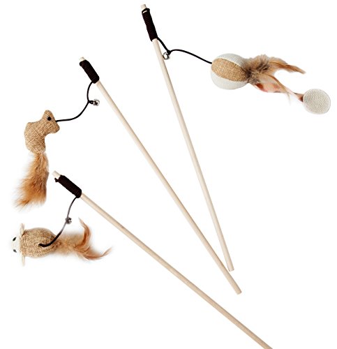 Cat Teaser Cat Kitten Toys Set Natural Sisal Wand Teasers with Mouse, Bell, Feather, Elastic String, and Sturdy Wood Rod - size: 3 PCS