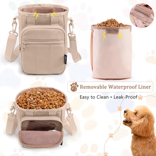 Stylish Dog Training Treat Pouch with Waist & Shoulder Strap, Dog Treat Bag for Walking and Training, Removable Waterproof Liner, Drawstring Treat Holder with Front Pocket & Clicker - color: Camel
