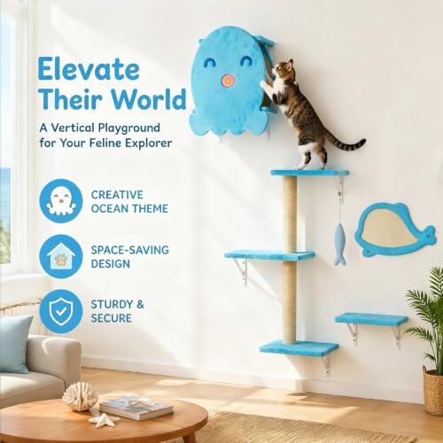 COZIWOW Wall Cat Tree,4Pc Ocean Blue Octopus Sisal Perch Multi-Cat Home - color: Ocean Blue