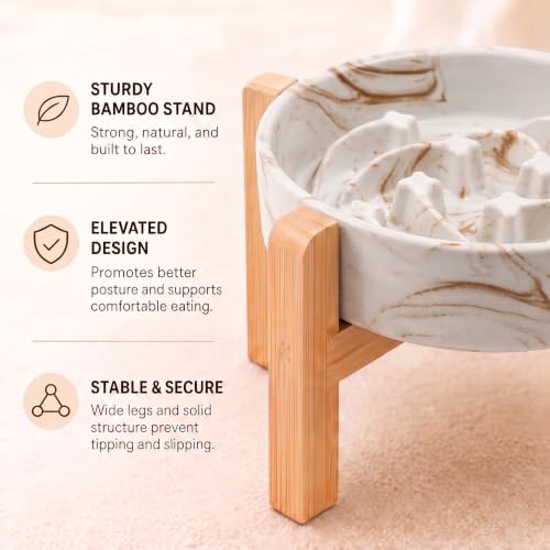 Elevated Ceramic Slow Feeder Dog Bowls Anti-Choking Slow Feeding for Medium& Large Anti-Slip Non-Lead & Toxic Durable Easy to Clean Maze Slow Feeder Bowl（8.66in Marble Brown Stars Pattern） - color: Marble Brown Stars Pattern, size: 3.6Cup