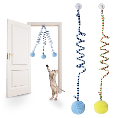 Andiker Cat Spring Toy, Self-Play Stretchable Door Hanging Cat Toy with Bell for Indoor Interactive Cat Toy, Soft Plush Ball with Spring Kitten Toy for Cat Kitten Playing Exercising (Yellow+Blue) - color: Yellow+Blue
