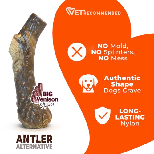 Nylabone Power Chew Antler Alternative Nylon Chew Toy for Dogs, Dog Toys for Aggressive Chewers, Venison Flavor, Large/Giant (1 Count) - size: Large