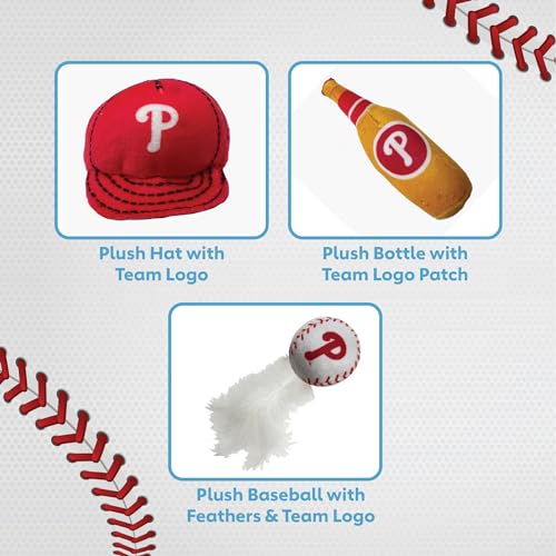Best Plush CAT Toy - MLB Philadelphia Phillies Complete Set of 3 Piece Cat Toys Filled with Catnip. Incld: 1 Baseball Cap Cat Toy, 1 Baseball Cat Toy with Feathers & 1 Beer Bottle. Team Logos - color: Philadelphia Phillies