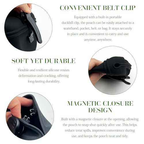 Black Silicone Dog Treat Pouch, Portable Pet Training Snack Bag with Magnetic Closure and Waist Clip for Dog Walking
