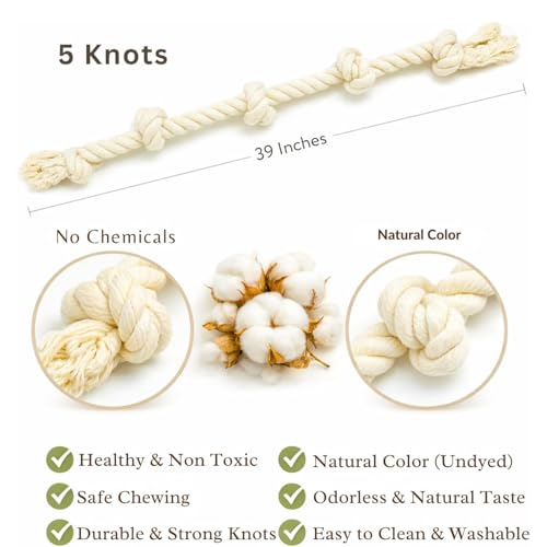 Dog Rope Toys for Large/Medium Aggressive Chewers, Tough Cotton Chew Toy, 39 Inch 5 Knots Indestructible, Tug of War Dog Pull Rope Teeth Cleaning (5 Knots) - size: 5 Knots