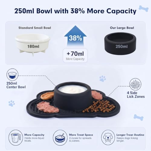 Anti-Slip Slow Feeder Dog Bowl and Lick Mat with Rolling Ball - color: Black