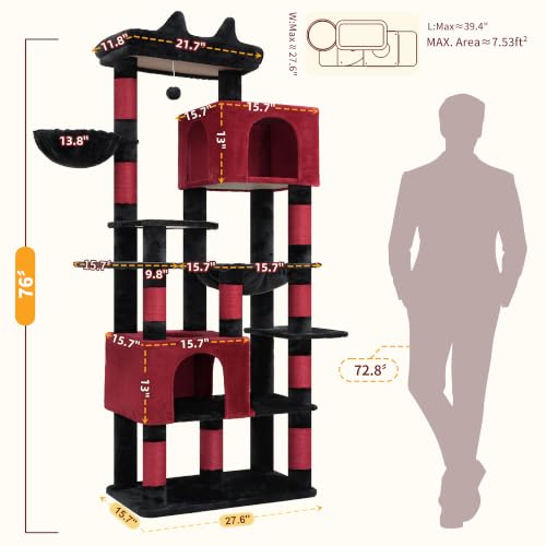 Heybly Cat Tree, 76-Inch Tall Heavy Duty Cat Tower for Big Cats HCT039BR - color: Black and Red, size: 76.8 inch