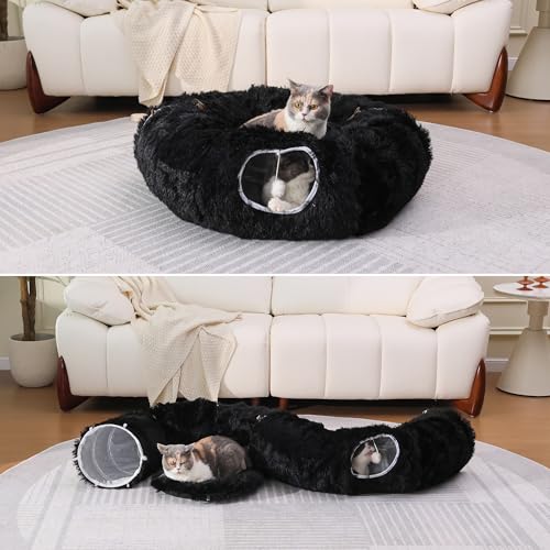Plush Cat Tunnel Bed for Indoor Cats with Soft Cushion, Multi-Shape Play Cave with Hanging Balls, Large and Foldable Cat Donut Tunnel for Small and Large Pets (Black) - color: Black