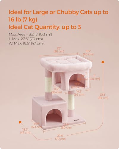 Feandrea Cat Tree, 33.1-Inch Cute Cat Tower, Plush Kitten Condo, Jelly Pink - color: Jelly Pink, size: L (23.6"L x 15.7"W x 33.1"H)