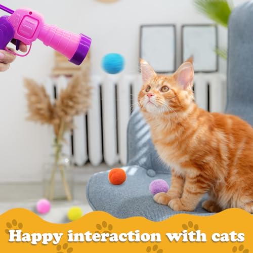 Andiker Cat Toy Balls Set, 30pcs Plush Cat Pom Pom Balls&a Plastic Launcher Set for Kitten Catch&Fetch Interactive Cat Toy with Colorful&Soft Cat Balls for Indoor Cats to Keep Fit (Pink 30pcs) - style: Pink 30pcs