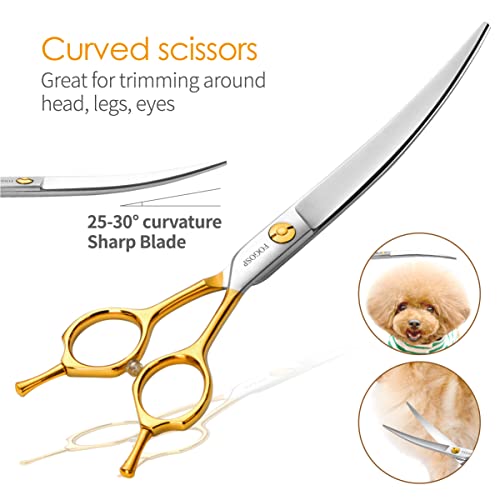 Professional 7.5" Dog Grooming Scissors Kit 4pcs, JP 440C Stainless Steel Curved Blender Straight Chunker Shears for Dog Cat and Pets (7.5 in Kit, Gold) - size: 7.5 inch, style: Kit