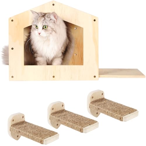 Cat Shelves with 3 Steps Scratching Post and Hammock Bed - Wall Mounted Climbing Condo for Indoor Cats (Wood)
