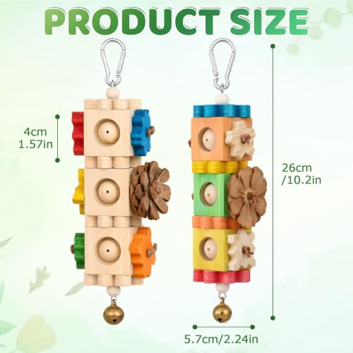2 Pcs Bird Chew Toys for Parrots, Rotating Wooden Block Foraging Toy with Pine Cones & Bell, Hanging Multi-Layer Parrot Enrichment Cage Accessories for Beak Grinding, for Conure, Cockatiel, Budgie