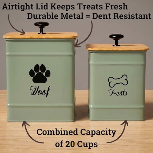Dog Treat Container Set of 2 with Airtight Bamboo Lids - 8x6 & 7x5 inch - color: Sage Green - Large