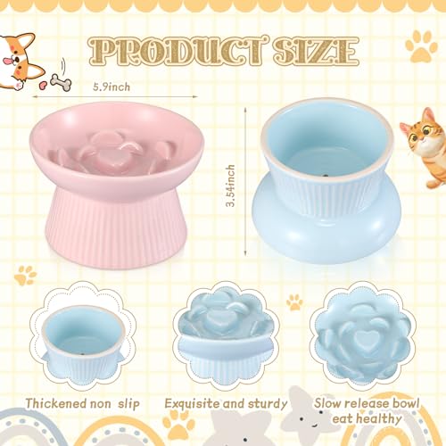 Layhit 2 Pack Raised Slow Feeder Cat Bowls Ceramic Elevated Cat Food Bowls Anti Vomiting Slow Feeder for Dog and Kitten for Dry and Wet Food(Blue, Pink) - color: Blue, Pink