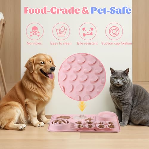 Silicone Lick Mat for Dogs & Cats – Slow Feeder Dog Bowl, Non-Slip Licking Mat for Large & Small Breeds, Puzzle Feeder & Snuffle Mat for Fast Eaters, Interactive Pet Food Mat with Measuring Spoon - color: Pink With Spoon