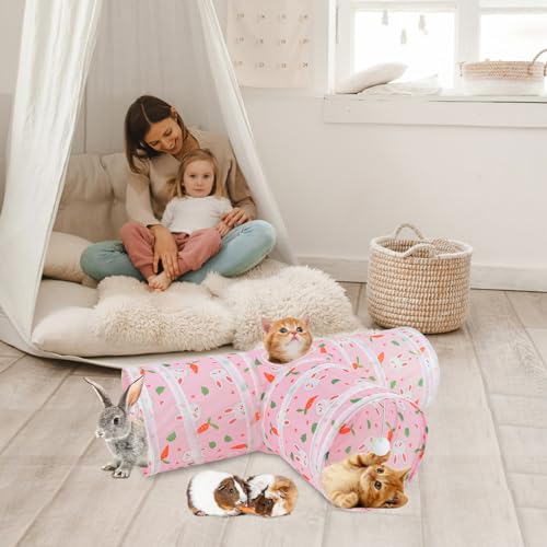 BWOGUE Bunny Tunnels & Tubes, 3-Way Collapsible Rabbit Hideout for Bunnies - color: Pink