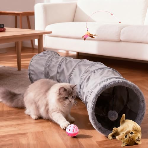 2-Way Collapsible Cat Tunnel Tube Toy Pack Set - color: Grey fleece