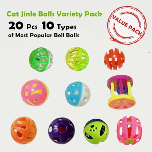 Cat Jingle Balls Toys 20Pcs 10 Styles 1.5" Plastic with Bells - Indoor Kitten Rattle Toy, Gift Box for Safe Play, Training & Interactive Fun - size: 20 Pcs 10 Styles
