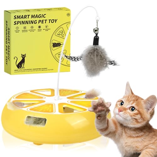 Puffluv Interactive Cat Toy,2 in 1Fruite Shape Toys with Electric Moving Concealed and Hanging Feathers Pop and Play Hide Seek, Hunting,Tpye-C Rechargeable-Yellow Lemon - color: Lemon Yellow