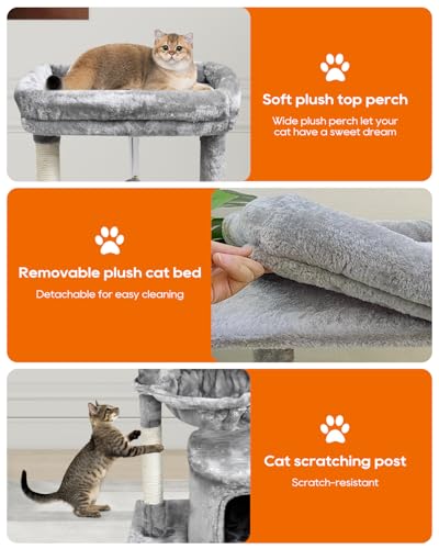 SYANDLVY Small Cat Tree for Indoor Cats, Activity Cat Tower with Scratching Post for Kittens, Modern Cat Furniture with Basket & Hanging Ball for Play Rest, Grey - color: Grey