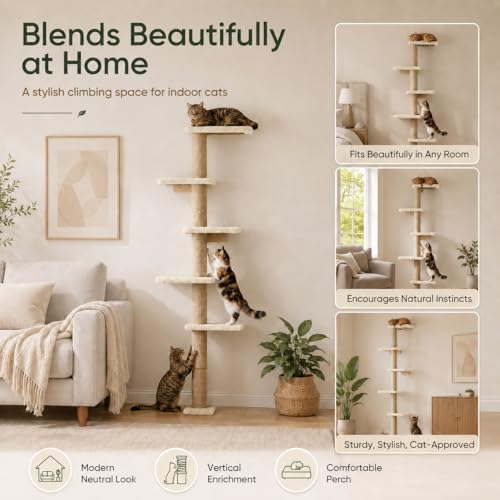 80-Inch Wall-Mounted Cat Tree with Scratching Post & 5 Perches, Beige - color: Beige