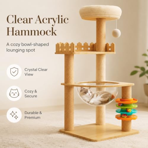 39.3" Modern Wood Cat Tree Tower for Indoor Cats, Multi-Level Cat Condo with Castle Perch, Acrylic Hammock, Sisal Scratching Posts & Toy, Cat Activity Tree for Small & Large Cats - color: Style F