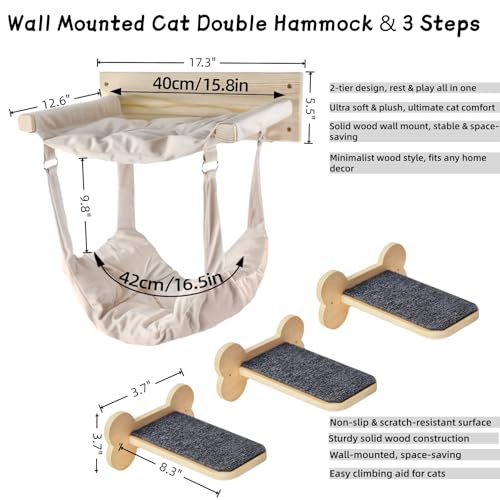 Beige Wall Mounted Cat Double Hammock & 3 Steps, Pine Climbing Shelf & Perch Set, Multi-Function Wall-Mounted Cat Furniture for Sleep Play Climb, Easy DIY Installation