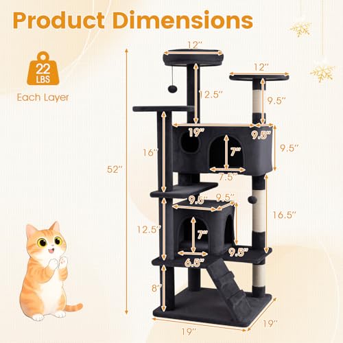 PETSITE 52-inch Cat Tree, Multi-Level Cat Tower with Sisal Scratching Posts, 2 Comfy Condos, Plush Padded Soft Top Perch, Dangling Balls, and Climbing Ladder, Ideal for Indoor Cats (Dark Grey) - color: Dark Grey