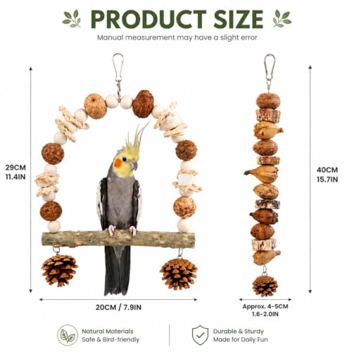 2 Pack Natural Bird Toys for Parakeets, Bird Chew Toys with Wooden Perch HangingToy, Natural Wood Beads, Pine Cone, Corn Husk, Cuttlebone and Fruit Materials for Budgies, Cockatiels and Small Parrots