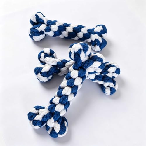 Cotton Rope Bone Dog Chew Toy, Braided Knot Teething Toy for Puppies & Adult Dogs, Dental Cleaning & Boredom Relief, Anti-Destructive Chewing Training Pet Toy (Blue & White) - color: Blue & White