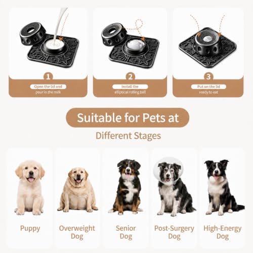 Dog Licking Slow Feeder Bowl with Rolling Ball Anti-Gulping, 2 in 1 Dog Non-Slip Lick Mat, Edible Silicone for Wet Food, Yogurt, Bone Broth, Nutrient Solution Black - color: Black, size: Single