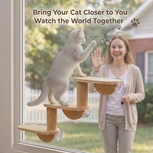 Cat Window Ladder, 3-Level Solid Pine Steps for Climbing and Bird Watching