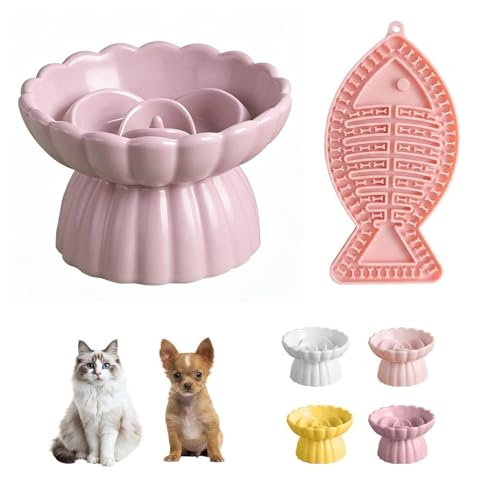 Ceramic Slow Feeder Cat Bowl 5.5inch with Lick Mat,Raised Cat Food Bowl for All Cats and Puppy,Cute Flower Shape for Dry and Wet Food (Purple Bowl+ Pink Lick Mat) - color: Purple Bowl+ Pink Lick Mat