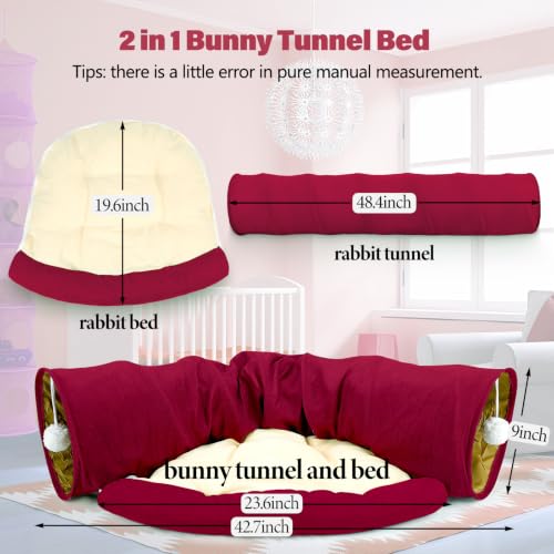 BWOGUE Bunny Tunnel Bed, 2-in-1 Collapsible Rabbit Tunnel Hideout with Mat - color: Red