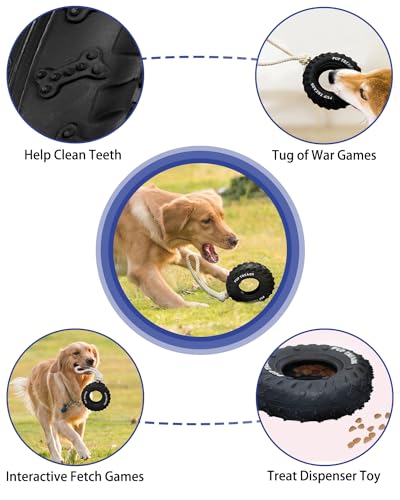 SCHITEC Dog Chew Toy with Rubber Tire & Tug of War Rope for Medium Large Dogs Aggressive Chewers, Interactive Fetch Play Treat Dispenser Pull Toys - color: Black