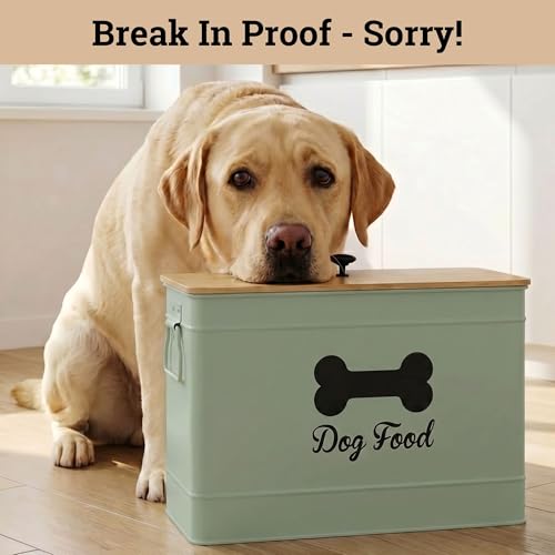 Metal Dog Food Container 15-20 lbs w/ Airtight Bamboo Lid, 70 Cup Capacity - color: Sage Green: Bone