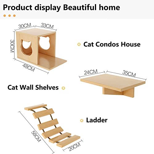 Cat Wall Shelves/Furniture, Shelves, Perches and Steps Set with 2 Cat Condos House, 6 Shelves, 2 Ladder, 1 Sisal Cat Scratching Post - size: Medium