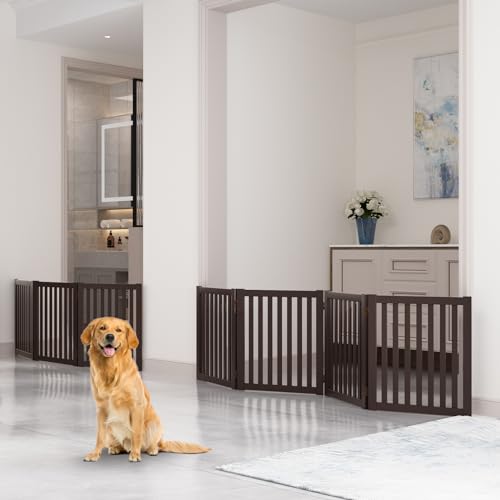WELLAND Freestanding Pet Gate 4 Panel Wooden Step Over Dog Gate - color: Espresso, size: 4 Panel 80" Wide