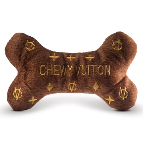 Dog Diggin Designs Chewy Vuiton Plush Dog Toy Bone | Luxury-Inspired Parody Designer Bone with Squeaker, Soft Plush Chew & Play Dog Toy – Prêt-à-Porter Play! - color: Brown Bone, size: Large