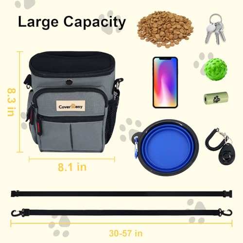 Dog Treat Pouch Open Top for Quick & Spill-Proof Access, Removable Pouch|Poop Bag Dispenser|3 Ways to Wear, Dog Treat Bag - Collapsible Bowl, Training Clicker & Poop Bag for Training & Walking. (Grey) - color: Grey