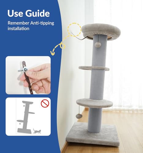 Cat Craft 43" Short Plush Cat Scratching Post with Perch & Bed, Grey - color: Light Grey