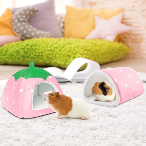 Guinea Pig Hideout with Tunnel, Washable Fleece House Bed - color: Pink strawberry