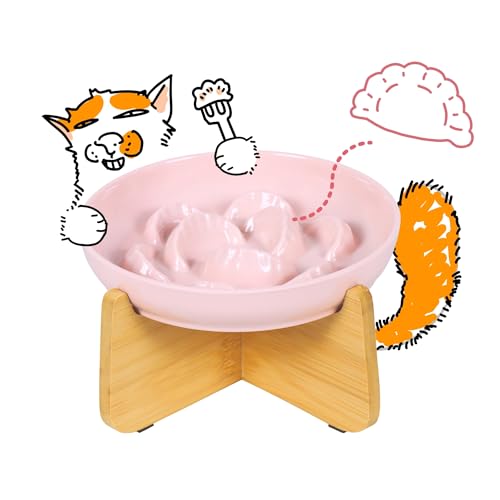 Slow Feeder Cat Bowl with Stand - Unbreakable Elevated Slow Feeder Bowl for Cats - Melamine Puzzle Raised Cat Food Bowl - Whisker Friendly & Wet & Dry Food- Dishwasher Safe & Non Slip (Pink - color: Pink